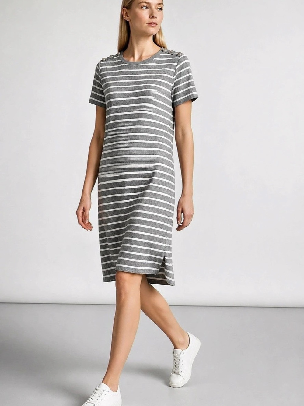 LOFT Women’s XL Striped Midi Shirt Dress in Gray & White Logo Silver Buttons